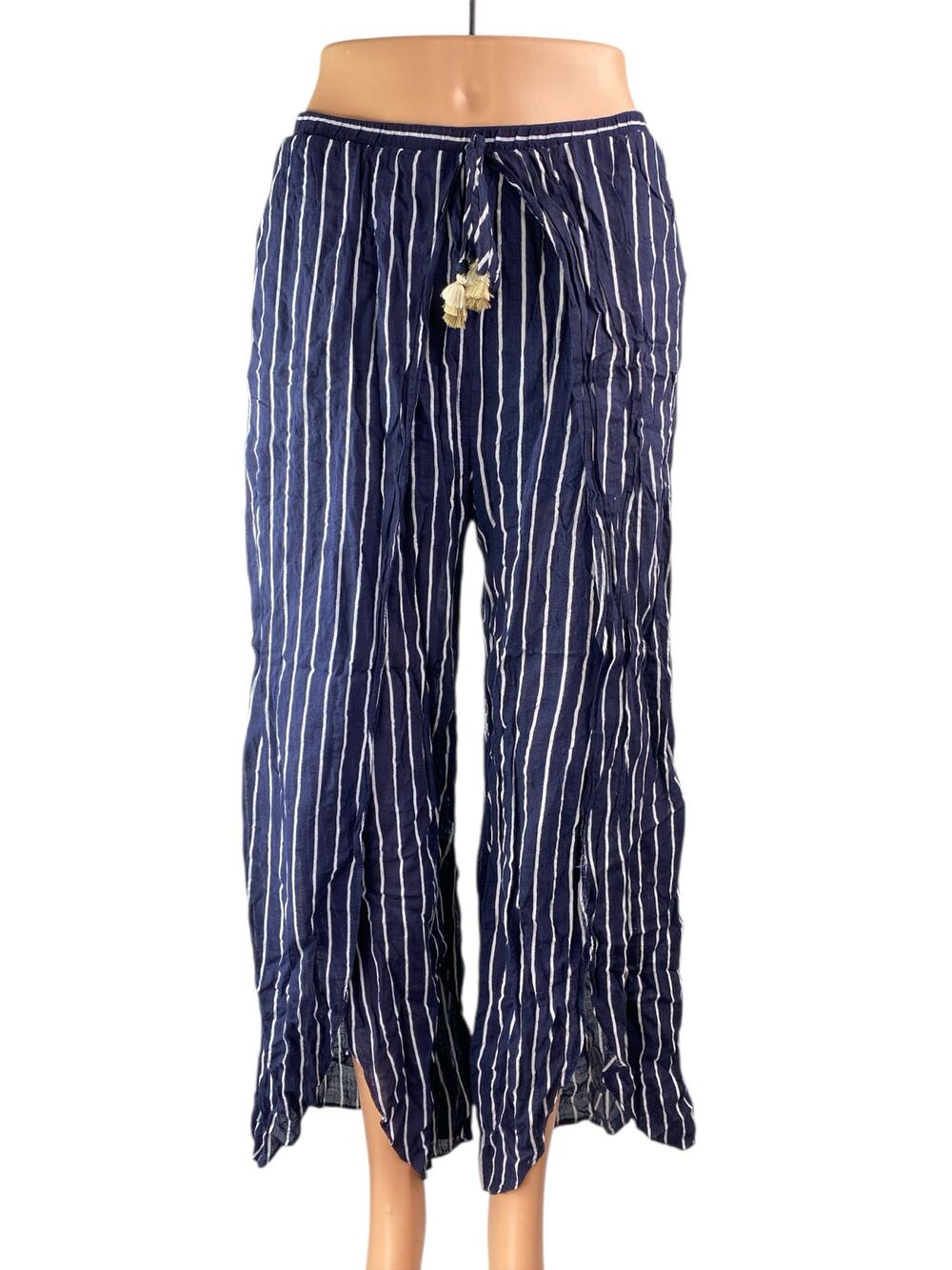 Aqua Blue Striped Tassel High Waist Split Wide Leg Palazzo Trousers Pants Size S